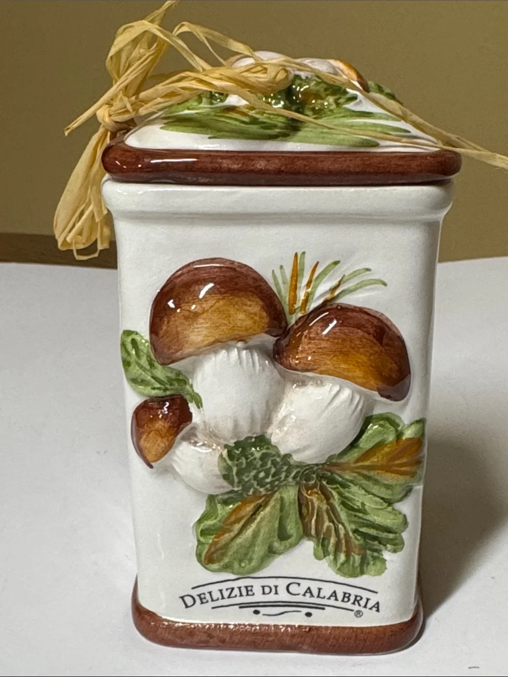 Delizie di Calabria Ceramic Mushroom Canister - White, Brown, Green